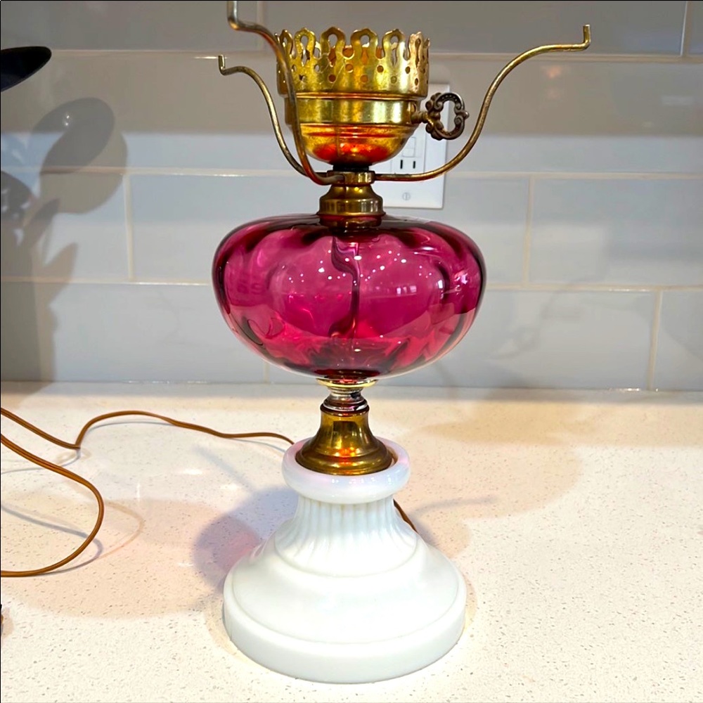 1940s Fenton Milk & Cranberry Hand Blown glass Parlor Lamp